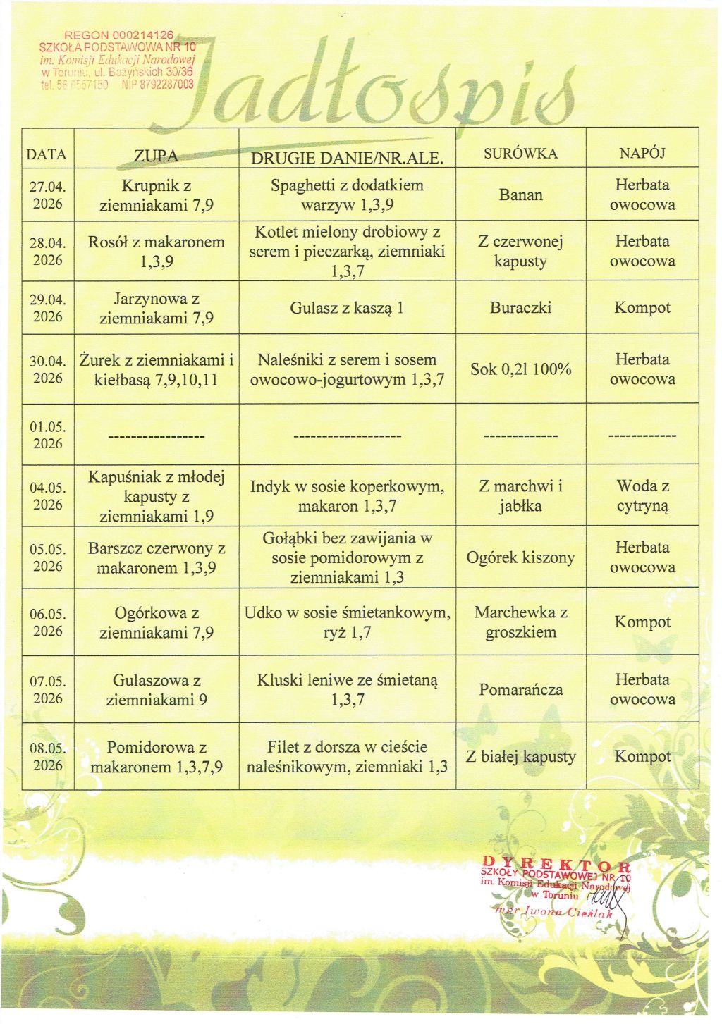 Jadłospis 27.04. 08.05.26r